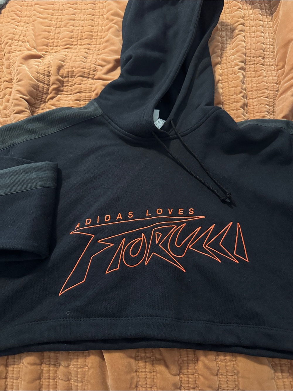 adidas Black Crewneck, Crop Hoodie with Orange Graphic Script